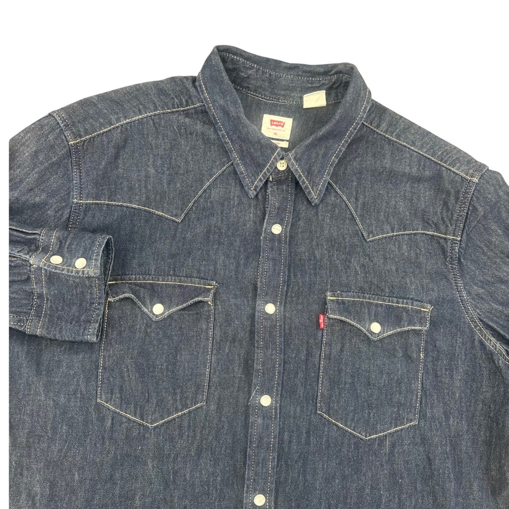Levis Mens Western Denim Shirt Dark Wash Long Sleeve Snap Front XL Standard Fit